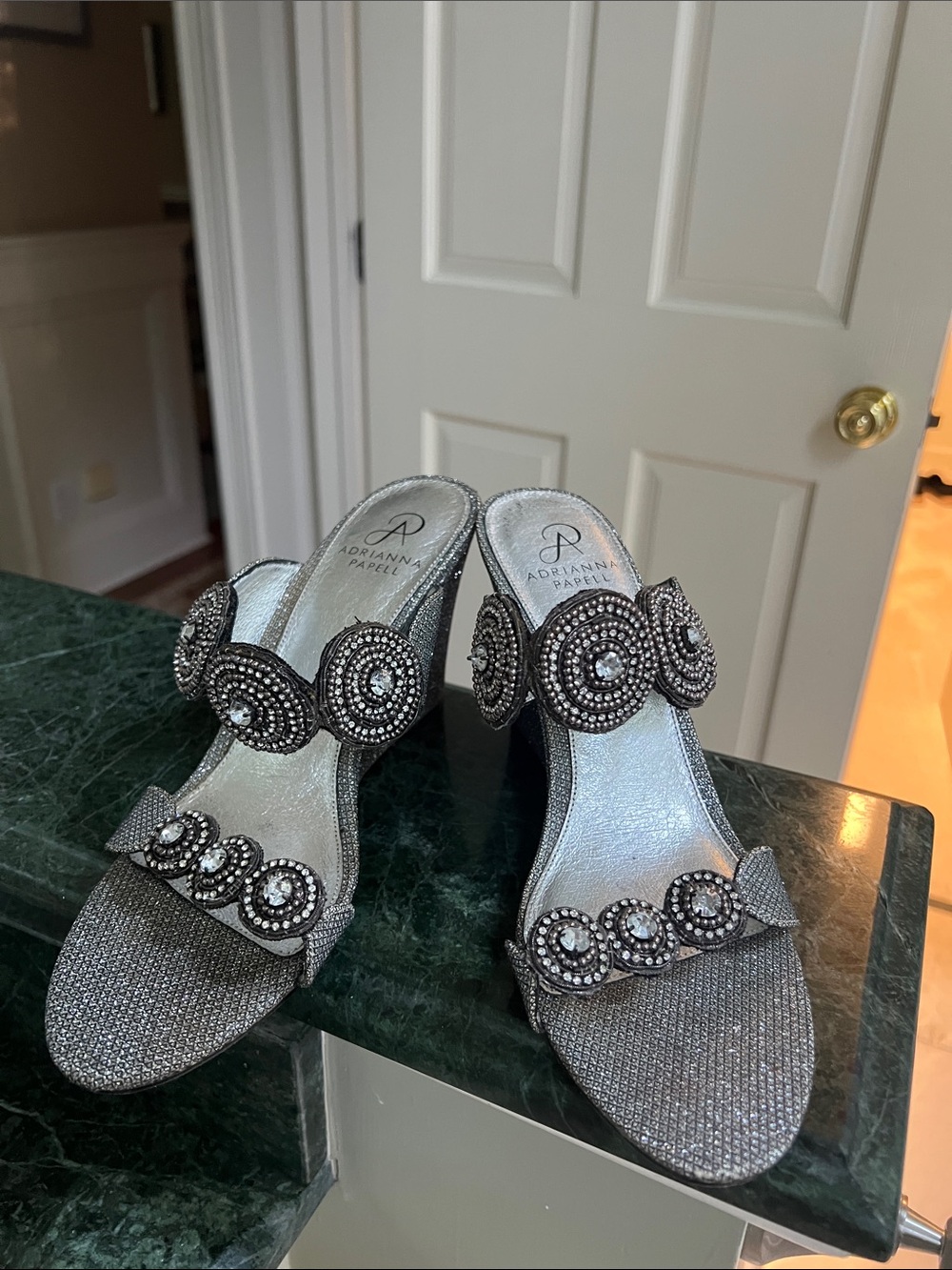 Adrianna Papell Pewter Metallic Scallop Wedge Sandals